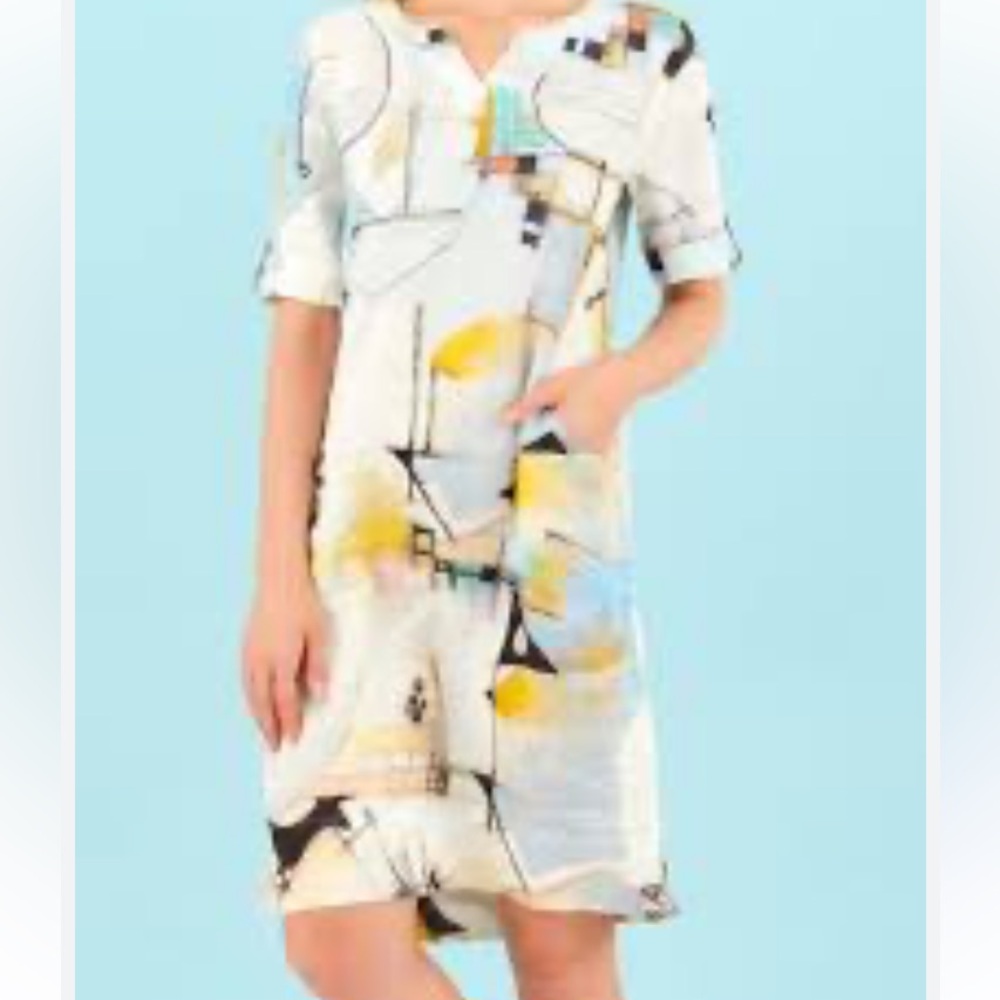 Simply Art by Dolcezza Linen Midi Dress Size L White Print Multi Linen Ptp 21.5”
